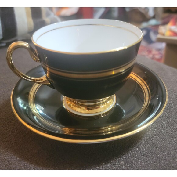 Aynsley England Bone China Tea Cup Saucer Shiny Black Gold stripe 1930s VTG - Picture 5 of 10